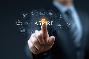 Businessperson activating digital interface showing "ASPIRE" surrounded by relevant icons, symbolizing ambition, innovation, and technological advancement