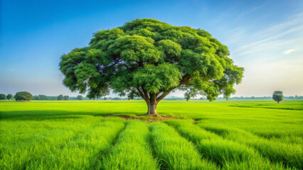 A large tree standing alone in a green field under a blue sky