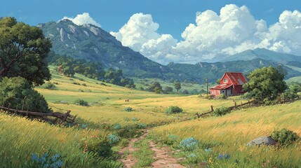 Idyllic countryside view showcases old farm house in a grassy valley during a summer afternoon in the Mountains
