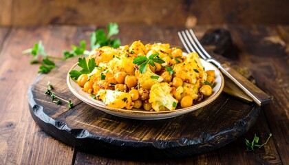 Roasted cauliflower and chickpeas dish on a plate.