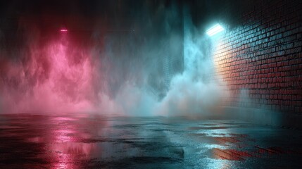 Neon signs glow on wet City street at Night, reflecting in puddles on the ground creating cinematic urban environment