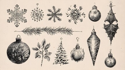 Vintage hand-drawn festive elements: snowflakes and ornaments