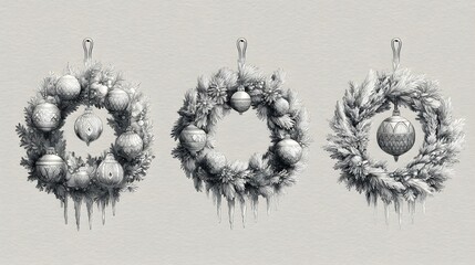Charcoal Holiday Wreath Trio with Icicles and Baubles