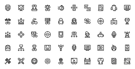 Streaming Sports icon set. Gaming and live streaming vector icons. Includes symbols for game controller, trophy, crown, multiplayer, VR, live streaming, viewers, microphone and more.