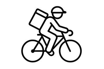 Naklejka premium A simple black and white line drawing of a delivery cyclist with a box on their back riding a bike on transparent background