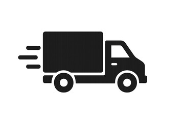 Fototapeta premium A dark silhouette of a delivery truck with motion lines on a black background showing speed on transparent background