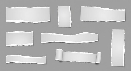 A collection of digitally rendered torn pieces of white paper on a gray background. Various shapes and sizes are shown, including some with curled edges. Ideal for design elements.