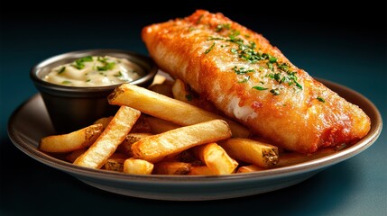 Crispy fish and chips served on a plate