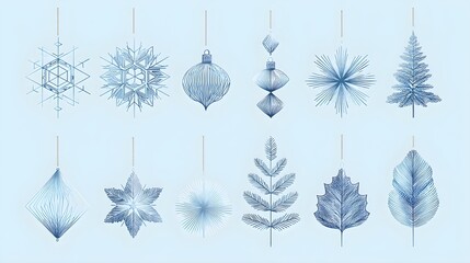 Minimalist Blue Geometric Snowflakes and Modern Ornaments