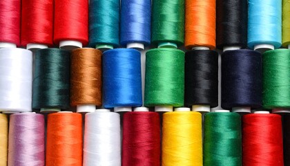 Colorful spools of thread arranged in a pattern.