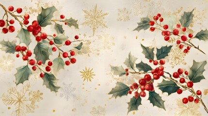Vintage Holly Branches with Gold Snowflakes