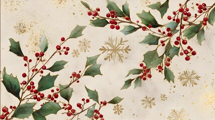 Vintage Holly Branches with Gold Snowflakes Watercolor
