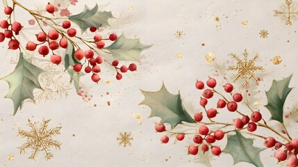 Vintage Watercolor Holly Branches with Gold Snowflakes