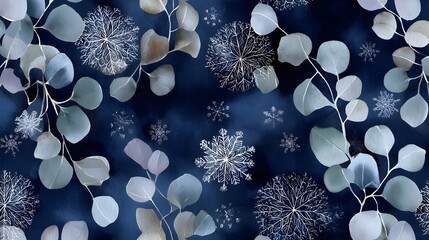 Indigo Watercolor Winter Eucalyptus Pattern