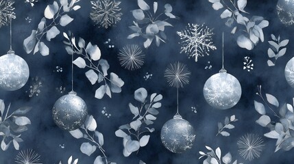 Indigo Watercolor Winter Pattern with Eucalyptus and Baubles