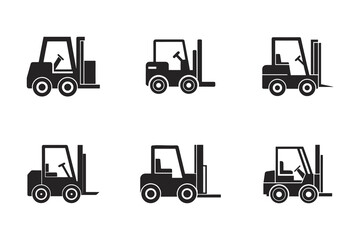 Naklejka premium Collection of Forklift Icons Representing Material Handling Equipment in Black Silhouette on White Background Vector Illustration