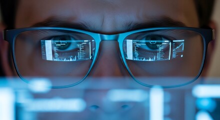 Close-up of a person wearing glasses, with data visualizations reflected in the lenses, suggesting technological expertise or augmented reality. Intense focus on a digital interface.