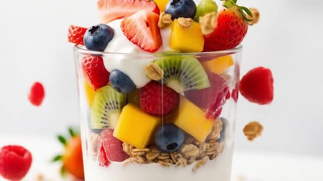 A yogurt parfait in a clear glass with layers of granola mango blueberries raspberries and kiwi topped with strawberries