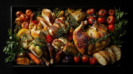 Roasted chicken and vegetables in a decorative serving dish.