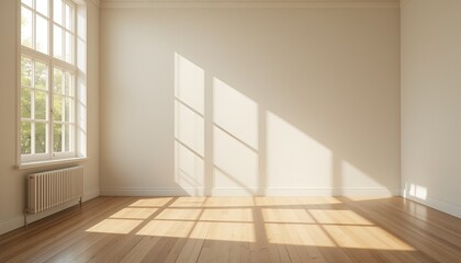 Obraz premium Sunlight streams into an empty room, creating a serene, peaceful atmosphere and soft shadows.