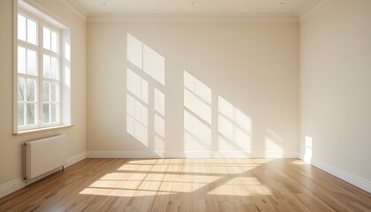 Obraz premium Sunlight streams into a pristine empty room, creating a serene and luminous atmosphere
