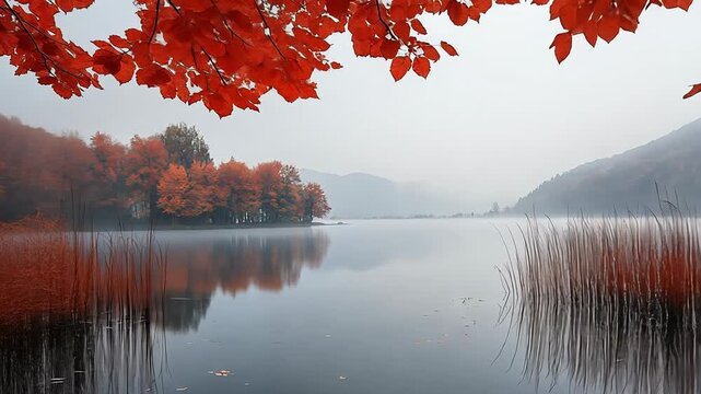 Static shot of a misty lake reflecting colorful autumn trees and reeds.