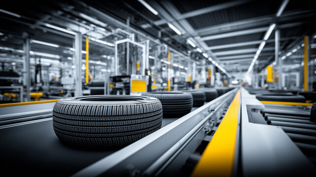 Freshly formed tires circulating on an automated line inside a modern plant, representing advanced rubber engineering, rigorous inspection