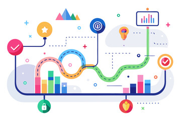 An illustration of a colorful, winding road with various icons, checkpoints, and data points, symbolizing a complex journey or a business process flowchart. It depicts planning, progress, and problem-