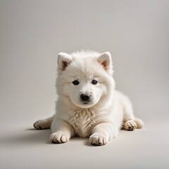 Fototapeta premium 地面にぺたんと伏せるサモエドの子犬