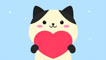 Cute cartoon cat holding a red heart.