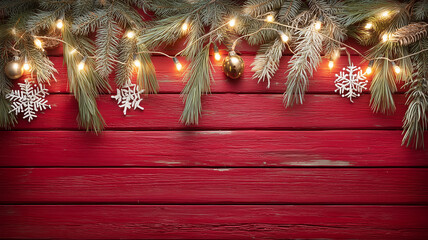 Hanging pine garland and glowing string lights with white snowflake ornaments over red boards. A welcoming seasonal banner conveying home warmth celebration and generous open copy space
