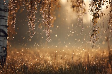 Obraz premium Misty sunrise illuminating dew-kissed meadow & birch branches