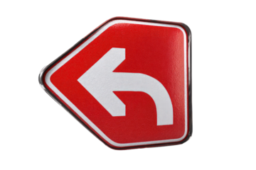 Red octagonal road sign with a left-hand curve arrow
