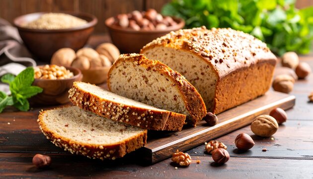 Sliced loaf of bread with nuts and seeds