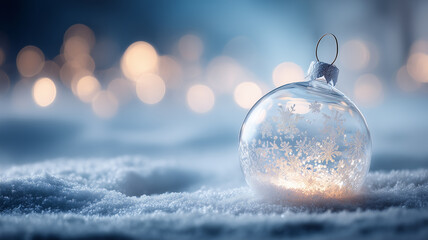 Delicate glass bauble resting on fresh snow with warm light shining through frosted snowflake patterns against dreamy winter bokeh. Conveys purity serenity