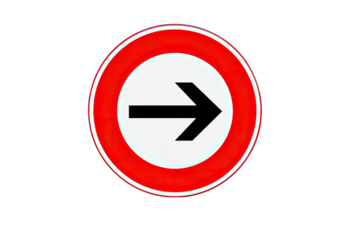Circular traffic sign with a red border and a white interior. A black arrow points to the right