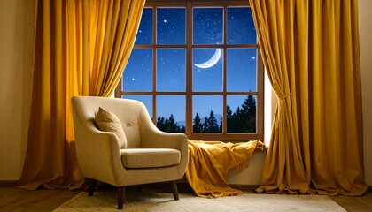 Cozy armchair by a window with mustard yellow curtains at night.