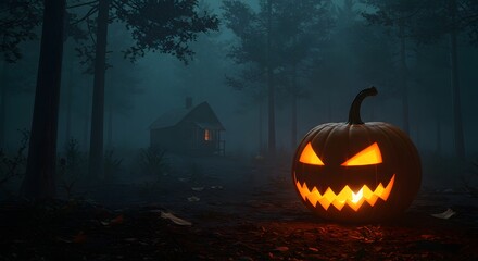 Glowing Jack-o'-Lantern in Foggy Forest with Cabin