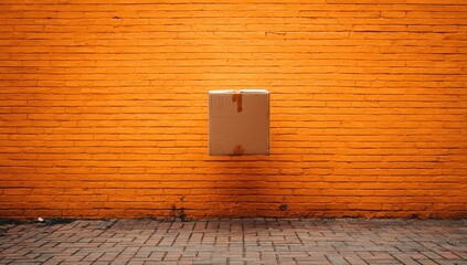 Floating cardboard box against orange brick wall (2)