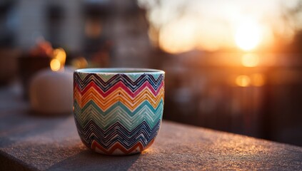 Colorful mug on a stone ledge at sunset