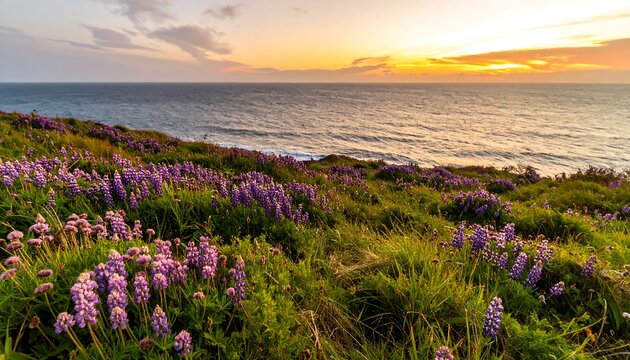 A breathtaking coastal landscape showcasing a hillside covered in vibrant purple lupine flowers at sunset, with a vast expanse of ocean as the backdrop. - Powered by Adobe