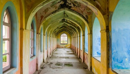 Obraz premium A long, vibrant hallway with arched ceilings and faded colorful walls, showcasing the remnants of a once-grand structure.