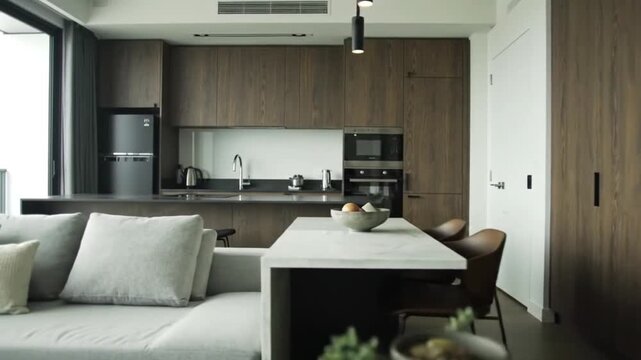 A glimpse into a modern kitchen from a hallway perspective view