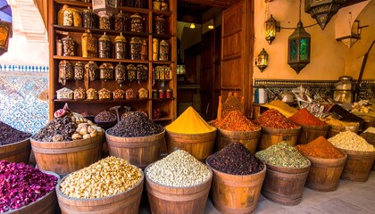 Wooden barrels overflowing with colorful spices in a bustling marketplace.