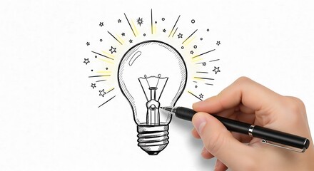 A hand sketches a lightbulb with radiating stars, symbolizing a bright idea, innovation, and creative thinking. The image suggests inspiration and problem-solving.