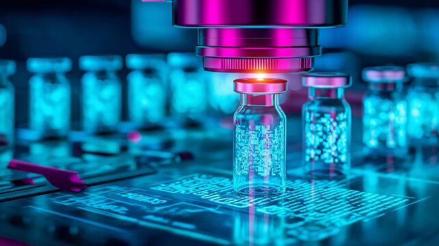 Microscope focusing on glowing data filled vials on a smart lab interface, conveying precision medicine, automated research, and pharmaceutical innovation powered by analytics.