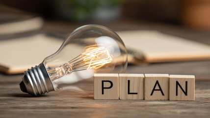  Luminous light bulb beside wooden blocks spelling plan on a rustic desk, capturing the moment when insight turns into structure and action
