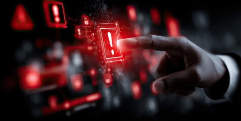 Hand interacts with digital alert system showing critical warnings