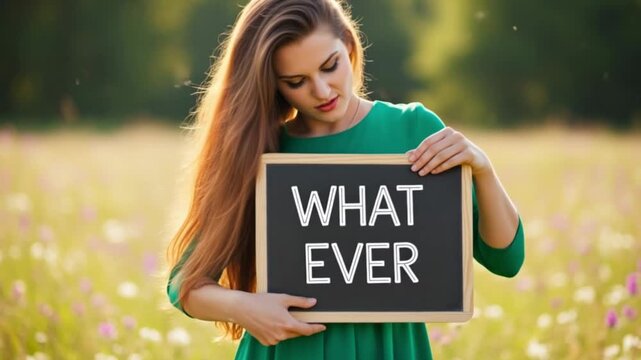 Young woman holding a blackboard with the word 'WHATEVER' written on it, in a field of wildflowers, conveying a message of indifference or self-assurance.