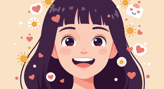 Young Girl Smiling Joyfully with Hearts and Sunshine in Background. Happiness, Childhood, Smile Day Celebration. For Kids Content, Social Media, Greeting Cards, Positive Campaigns - Powered by Adobe